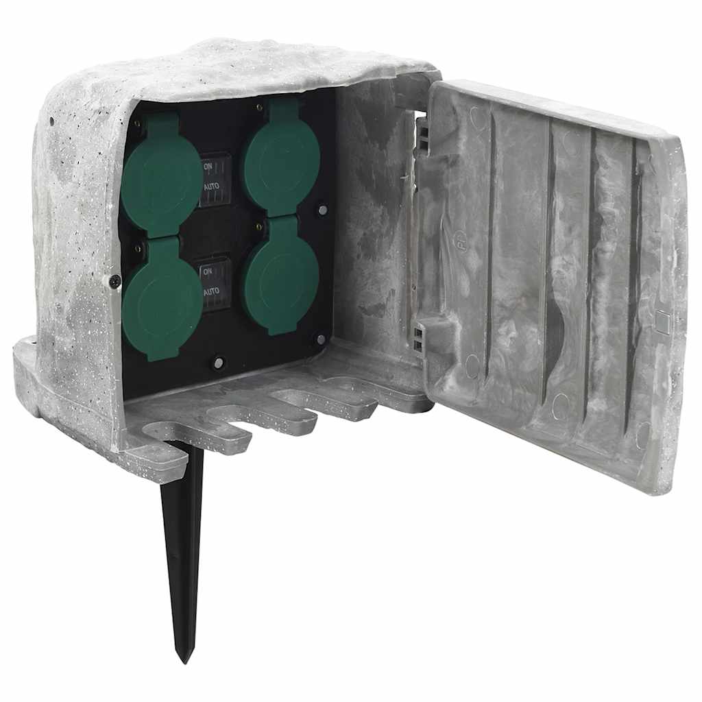 Vidaxxl Gartensteckdose mit Erdungsstift Lichtsensor 4-fach Steinoptik Grau