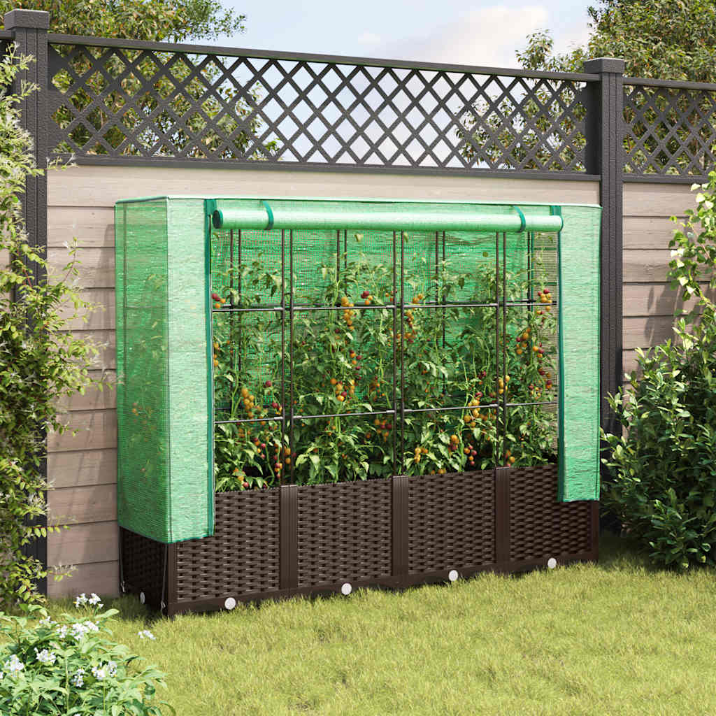 Vidaxx Pflanzkübel erhöht mit Gewächshausabdeckung 160x40x138 cm Rattanoptik