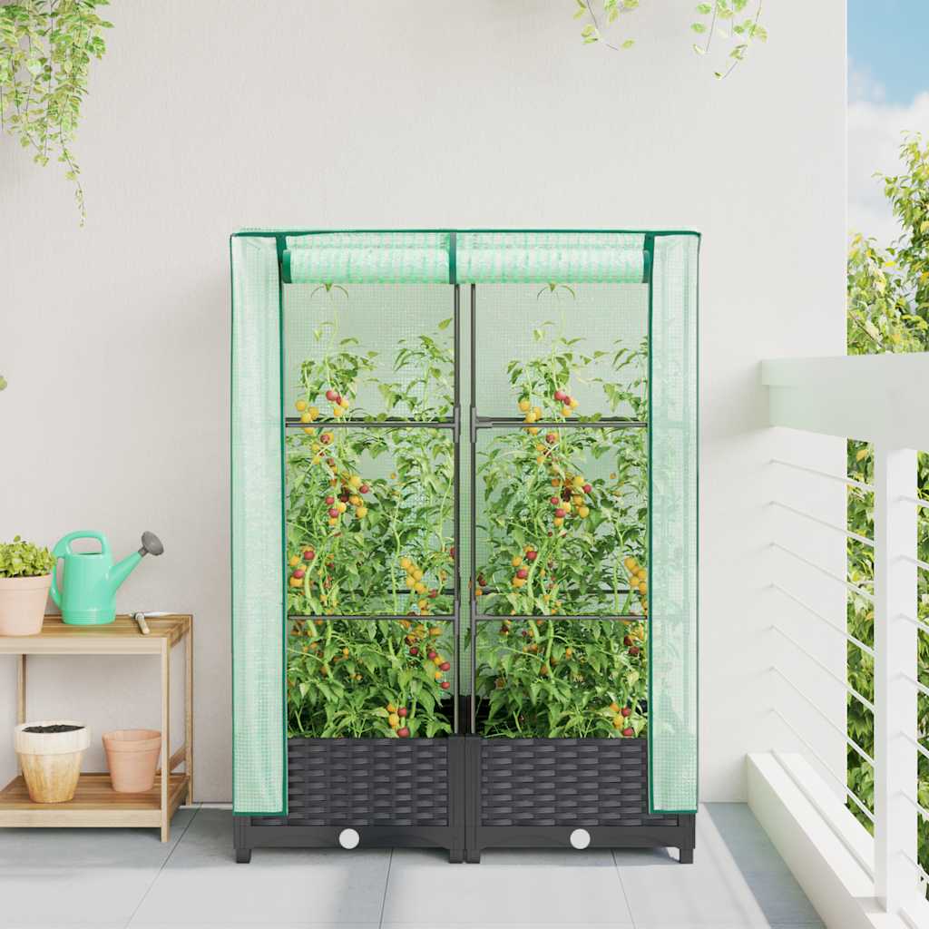 Vidaxx Pflanzkübel erhöht mit Gewächshausabdeckung 80x40x123 cm Rattanoptik