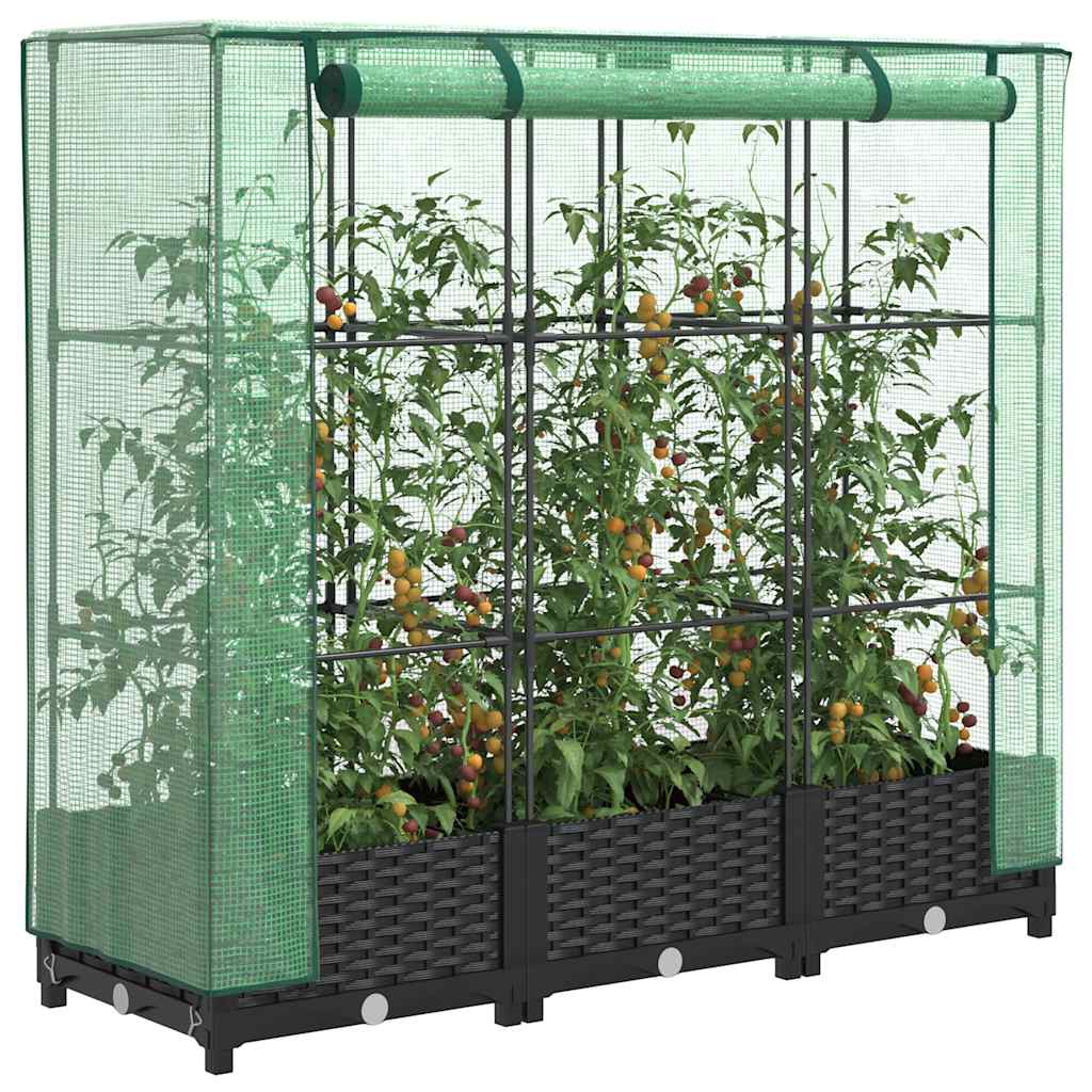 Vidaxx Pflanzkübel erhöht mit Gewächshausabdeckung 120x40x123 cm Rattanoptik