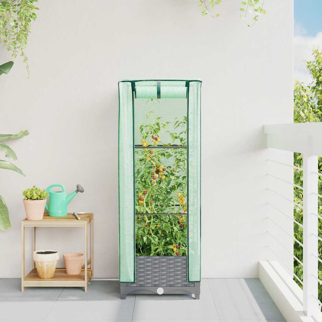 Vidaxx Pflanzgefäß erhöht mit Gewächshausabdeckung 40x40x123 cm Rattanoptik