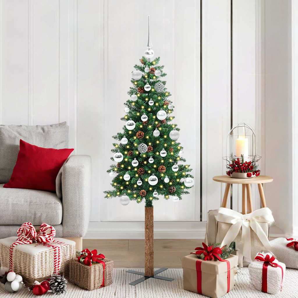 Vidaxl slanke kerstboom groen 150 cm pvc en massief dennenhout