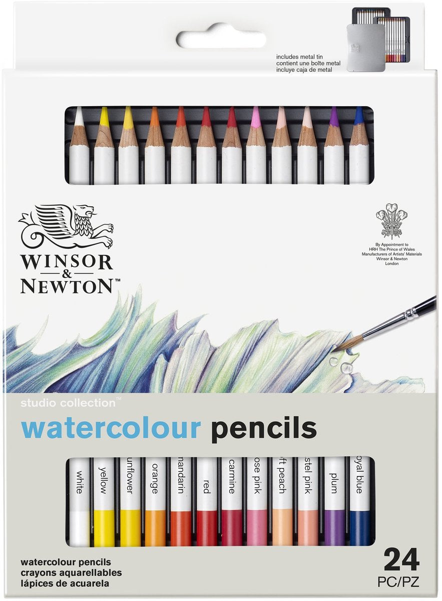 Winsor Newton 0490015 Studio Collection Aquarellstifte-Set, 24-teilig – Dikcores Aquarellstifte im Metallgehäuse