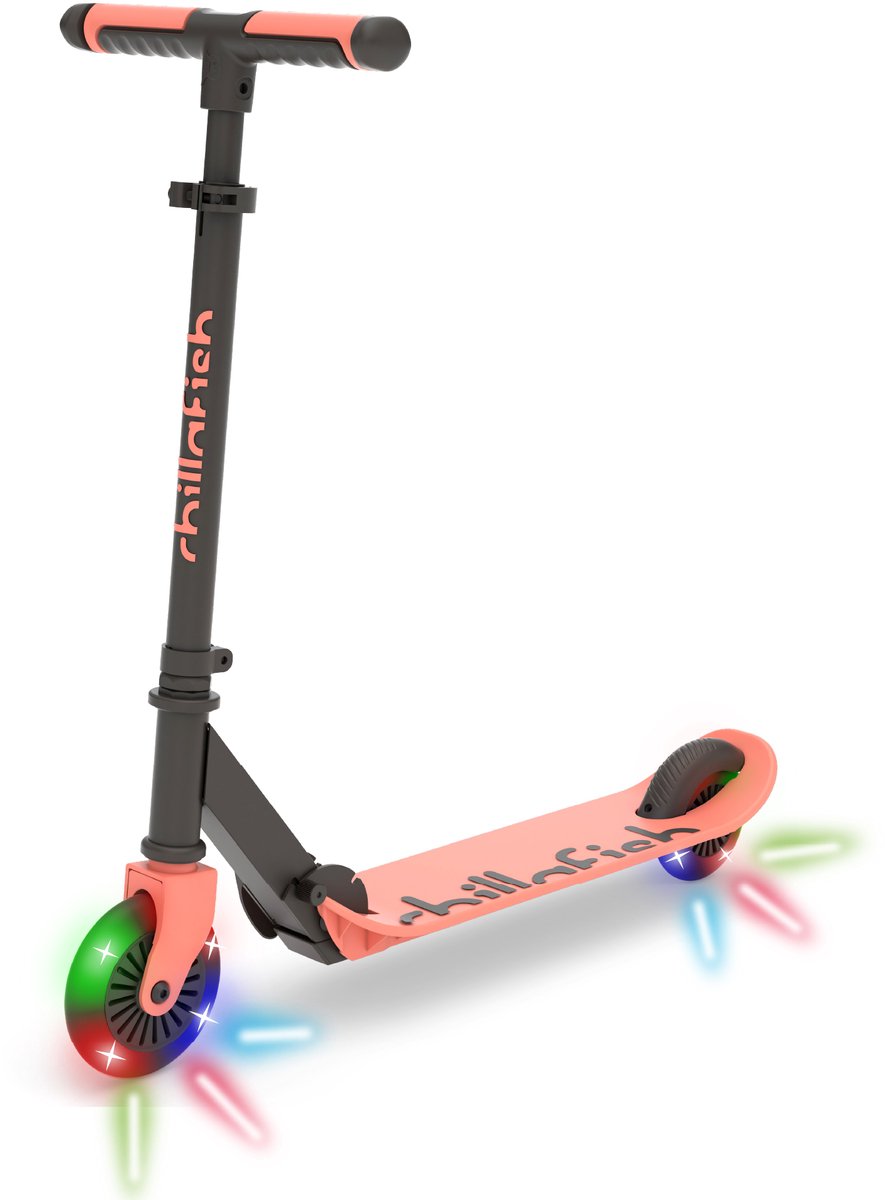 Chillafish Kinderroller für Jungen und Mädchen ab 5 Jahren mit LED-Rädern – Pink – Roller mit verstellbarem Lenker und Fußbremse – faltbar und leicht mit ABEC-5-Rädern – keine Batterien erforderlich – Modell Flexxi Glow