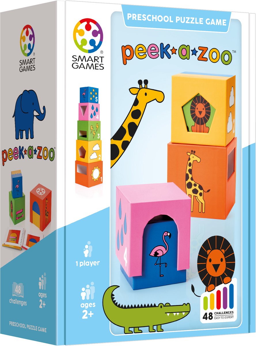 Smartgames Peek-a-Zoo – Lern-Stapelspiel – 48 räumliche Rätselaufgaben – Solospiel für Kleinkinder – ab 2 Jahren