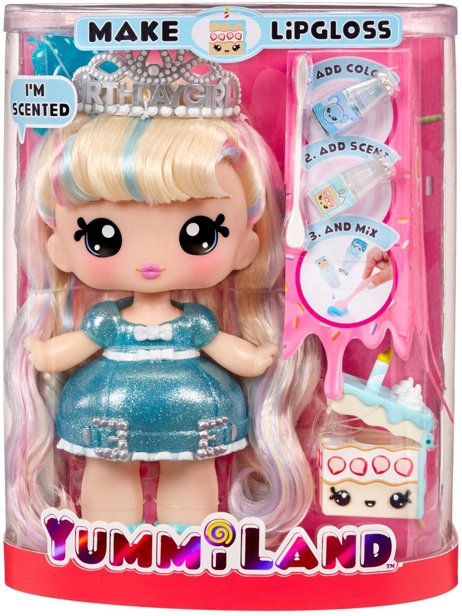 Mga Entertainment Yummiland Lipgloss-Puppe mit Haustier – Callie Geburtstagstorte