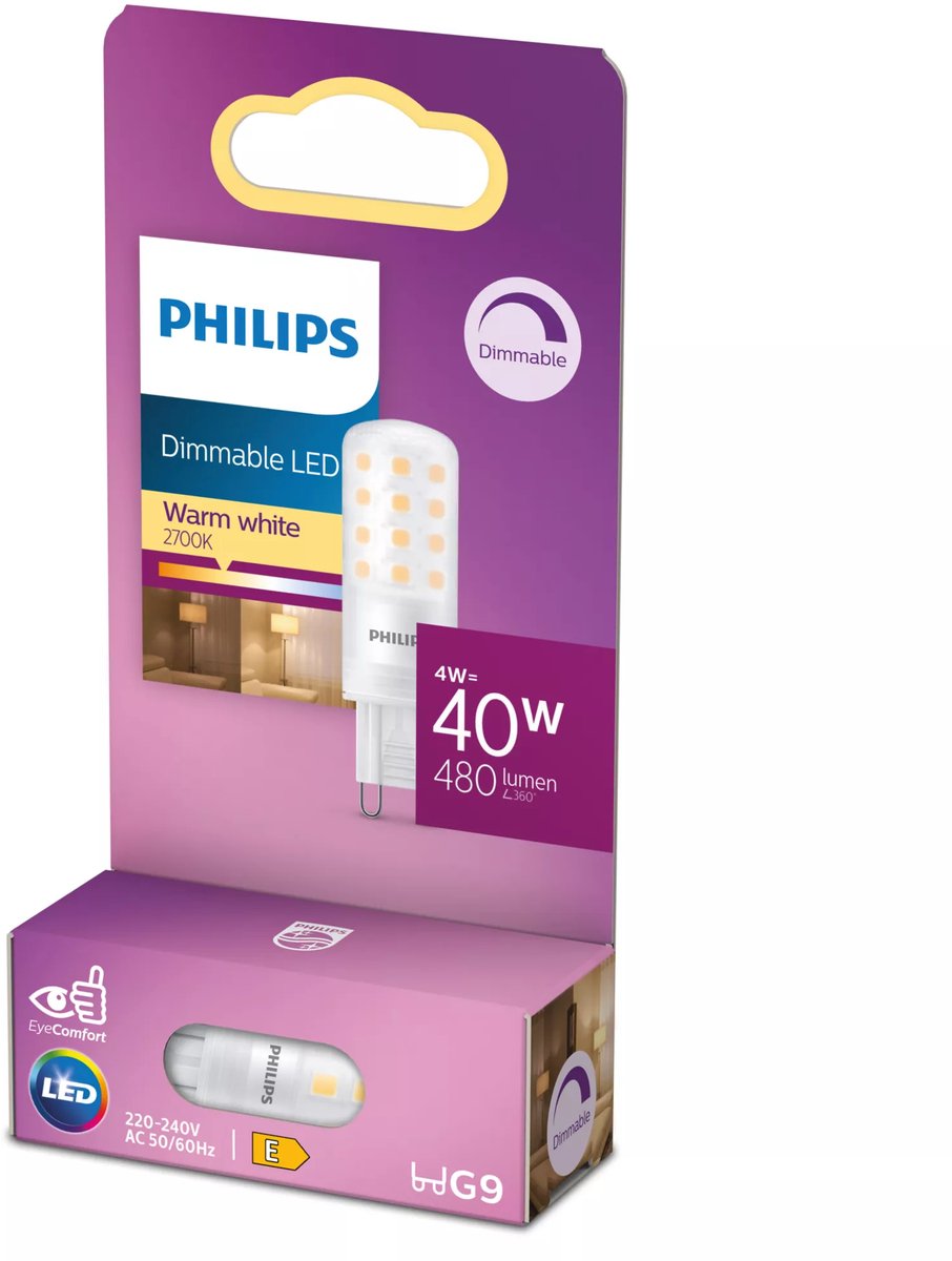 Philips led energiezuinige capsule transparant - 40 w - g9 - dimbaar warmwit licht - bespaar op energiekosten