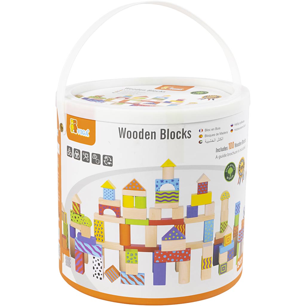 Viga Holzklötze mit Muster, Größe 3 cm, verschiedene Farben, 100 Teile 1 Set