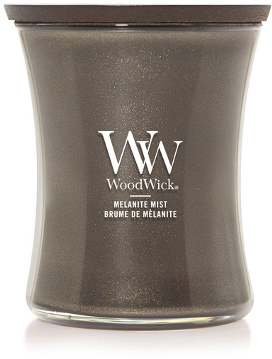 Woodwick hourglass medium geurkaars - melanite mist - antraciet - 60 branduren