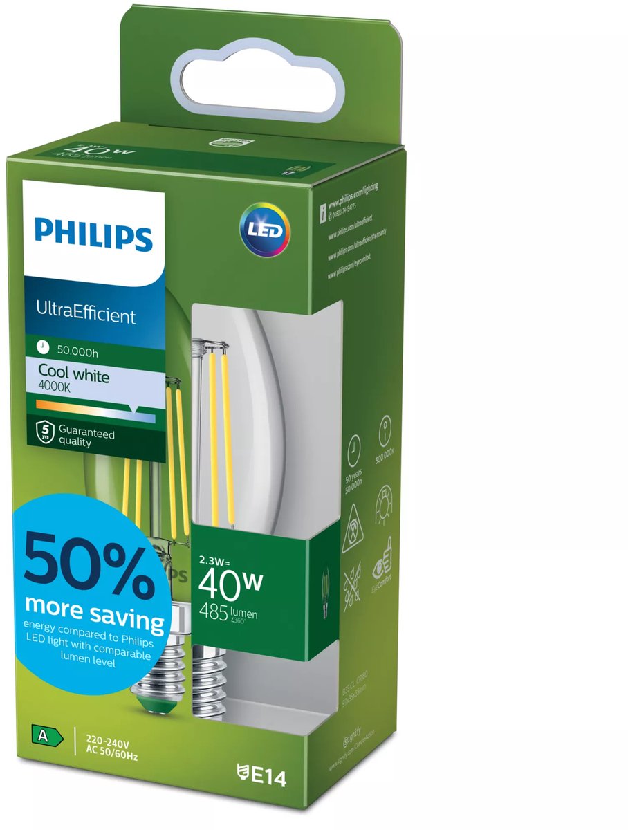 Philips led philips ultra efficient led kaarslamp transparant - 40 w - e14 - koelwit licht - energielabel a