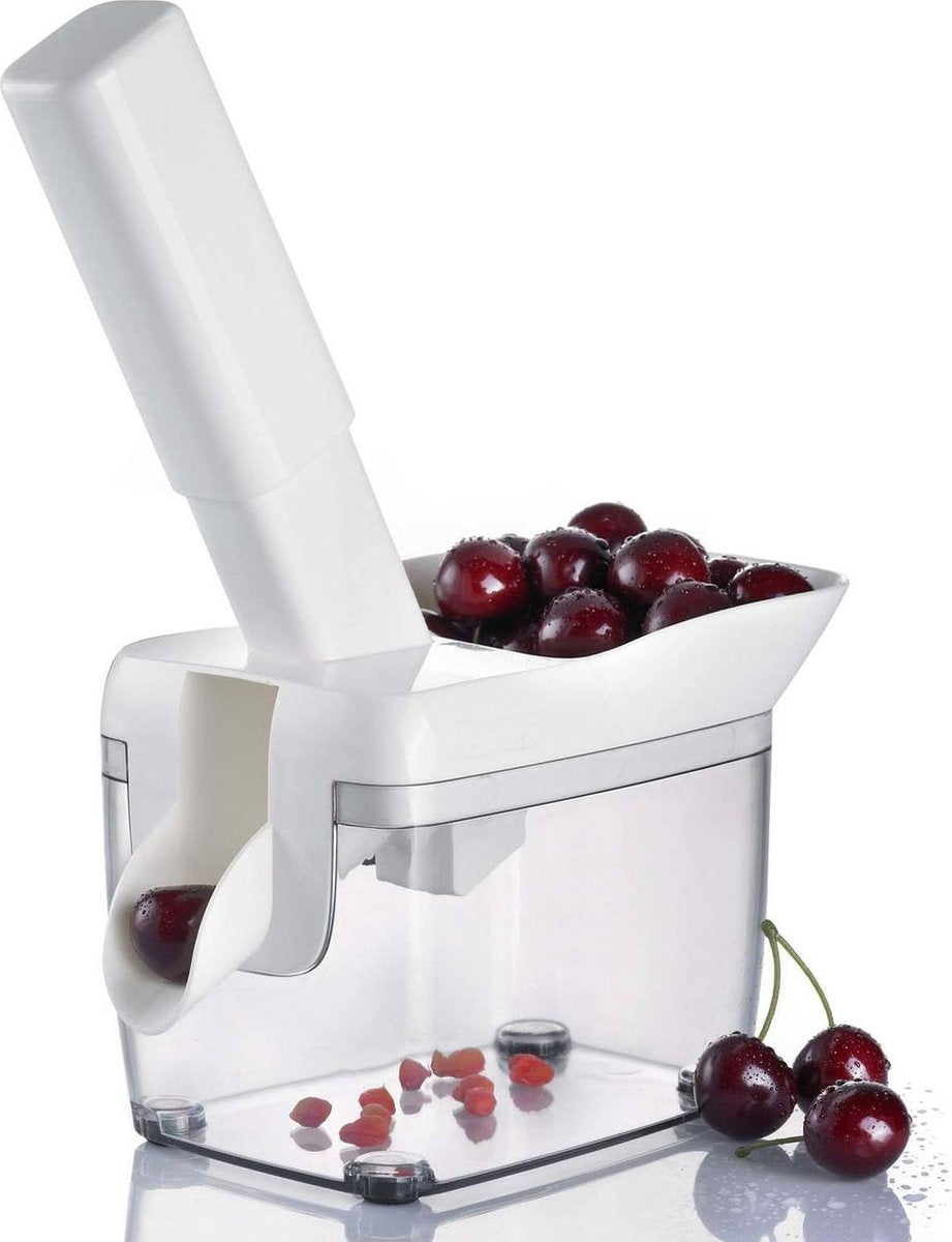 Westmark Kirschentstapler mit Trichter, Kernkasten und Rezeptheft, Höhe: 30 cm, Edelstahl-Kunststoff, Kernfix, weiß dunkelgrau transparent, 40352260