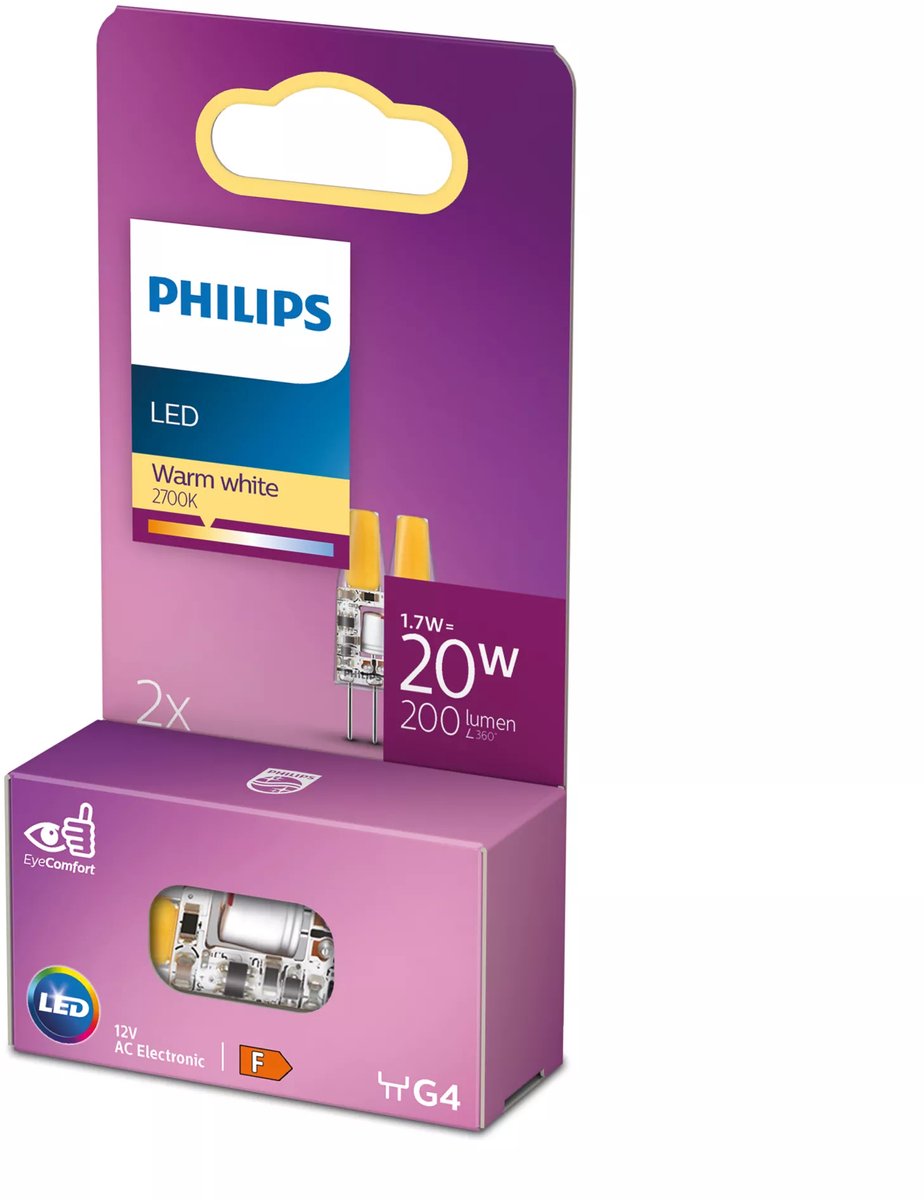 Philips led energiezuinige capsule transparant - 20 w - g4 - warmwit licht - 2 stuks - bespaar op energiekosten