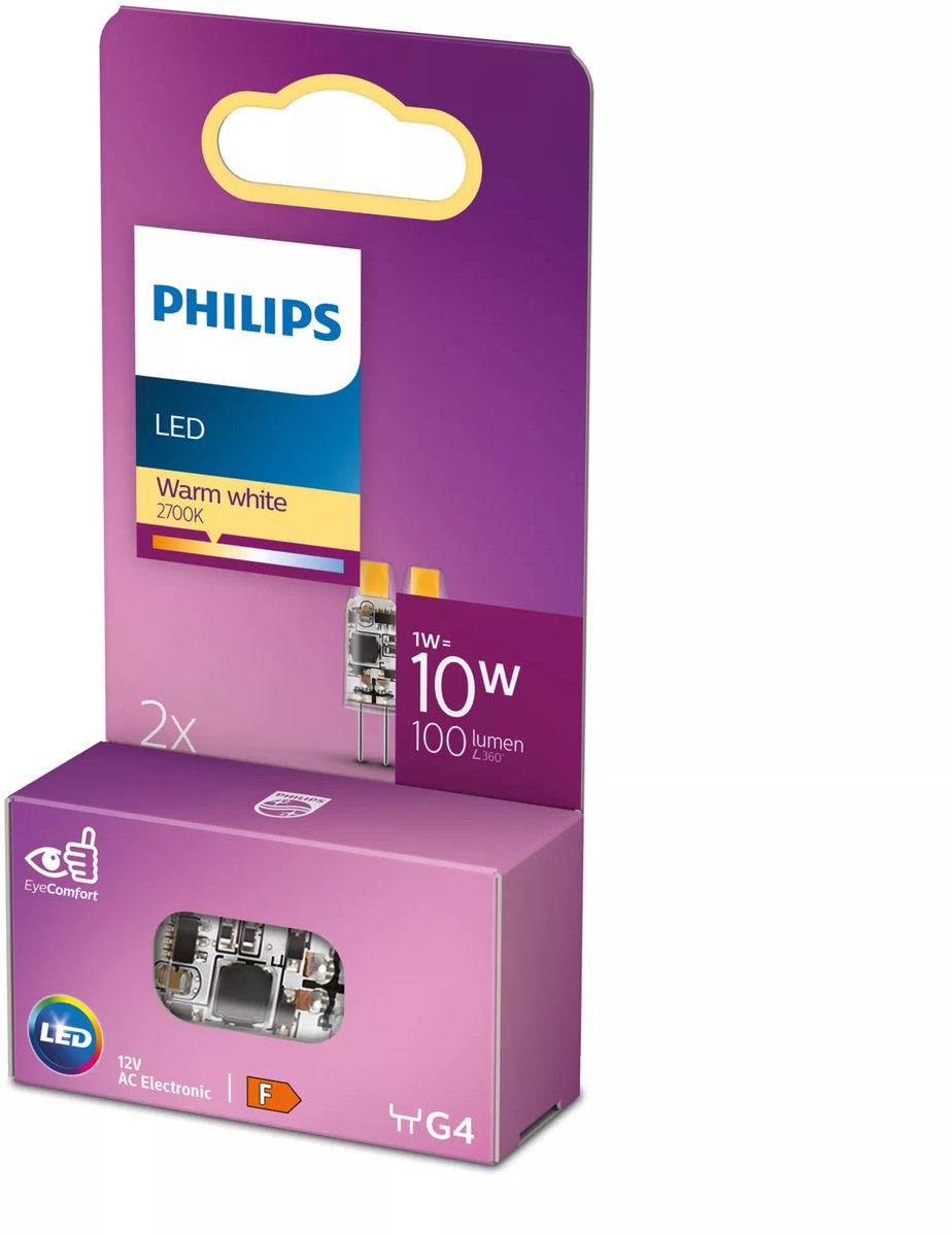 Philips led energiezuinige capsule transparant - 10 w - g4 - warmwit licht - 2 stuks - bespaar op energiekosten
