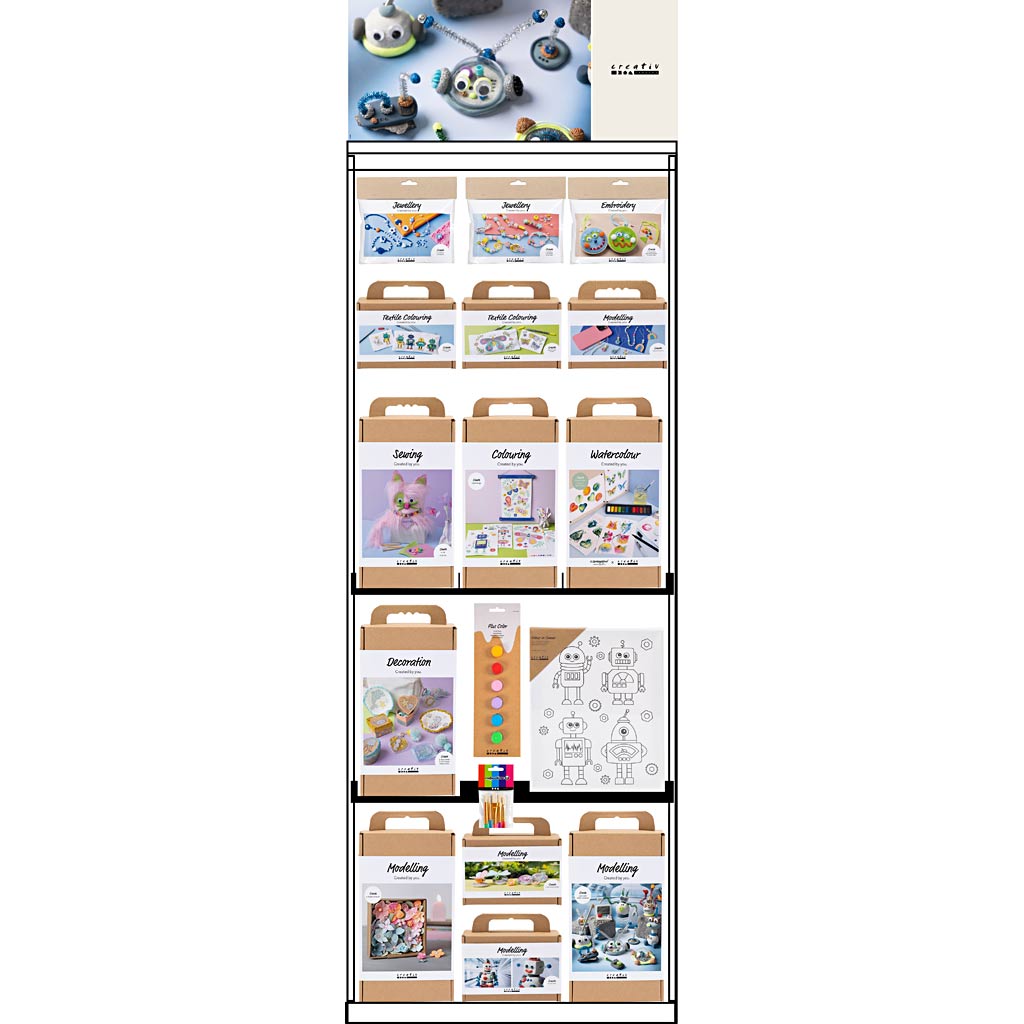Creativ Company Bodendisplay, unmontiert, Hero Neuheiten für Kinder, H: 1580 mm, L: 600 mm, B: 400 mm, 97 Stück. 1 Stück