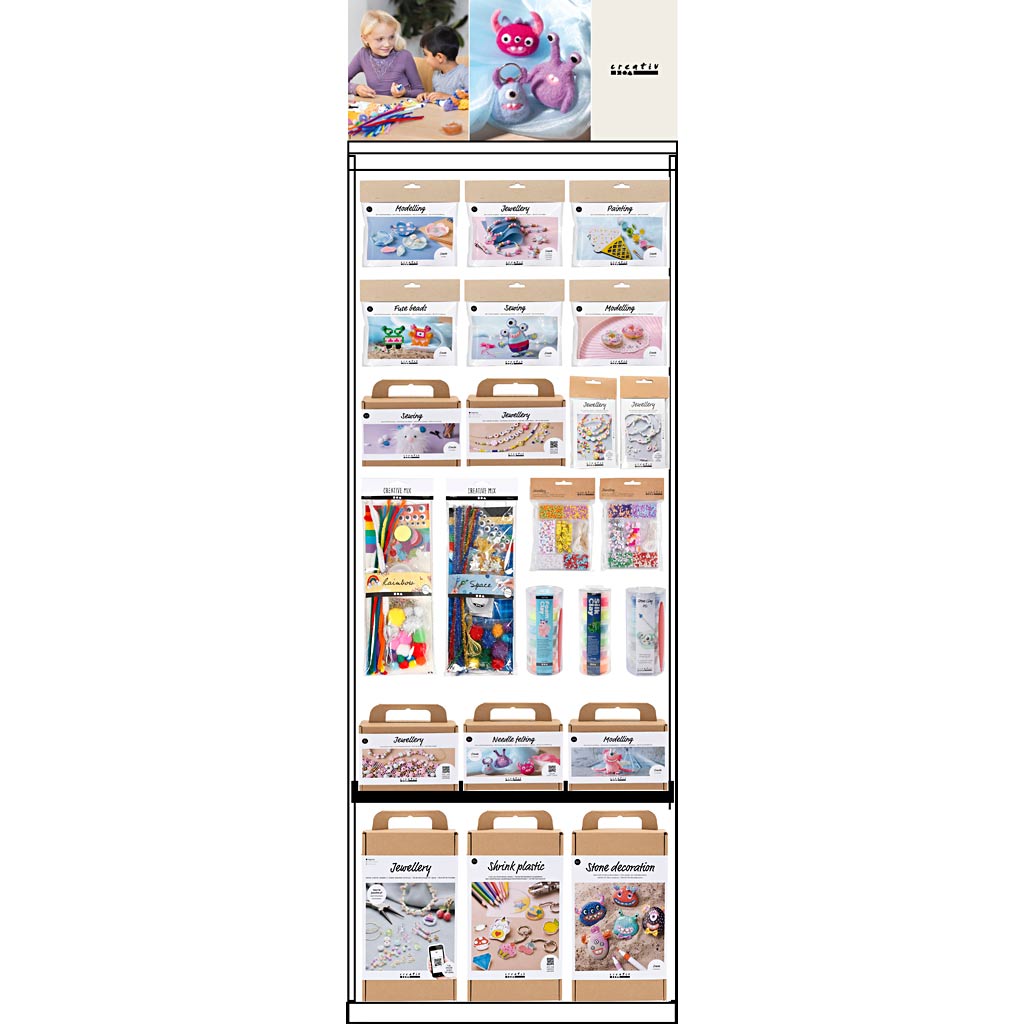 Creativ Company Bodendisplay, unmontiert, Helden-Kinderfavoriten, H: 1580 mm, L: 600 mm, B: 400 mm, 126 Stück. 1 Stück