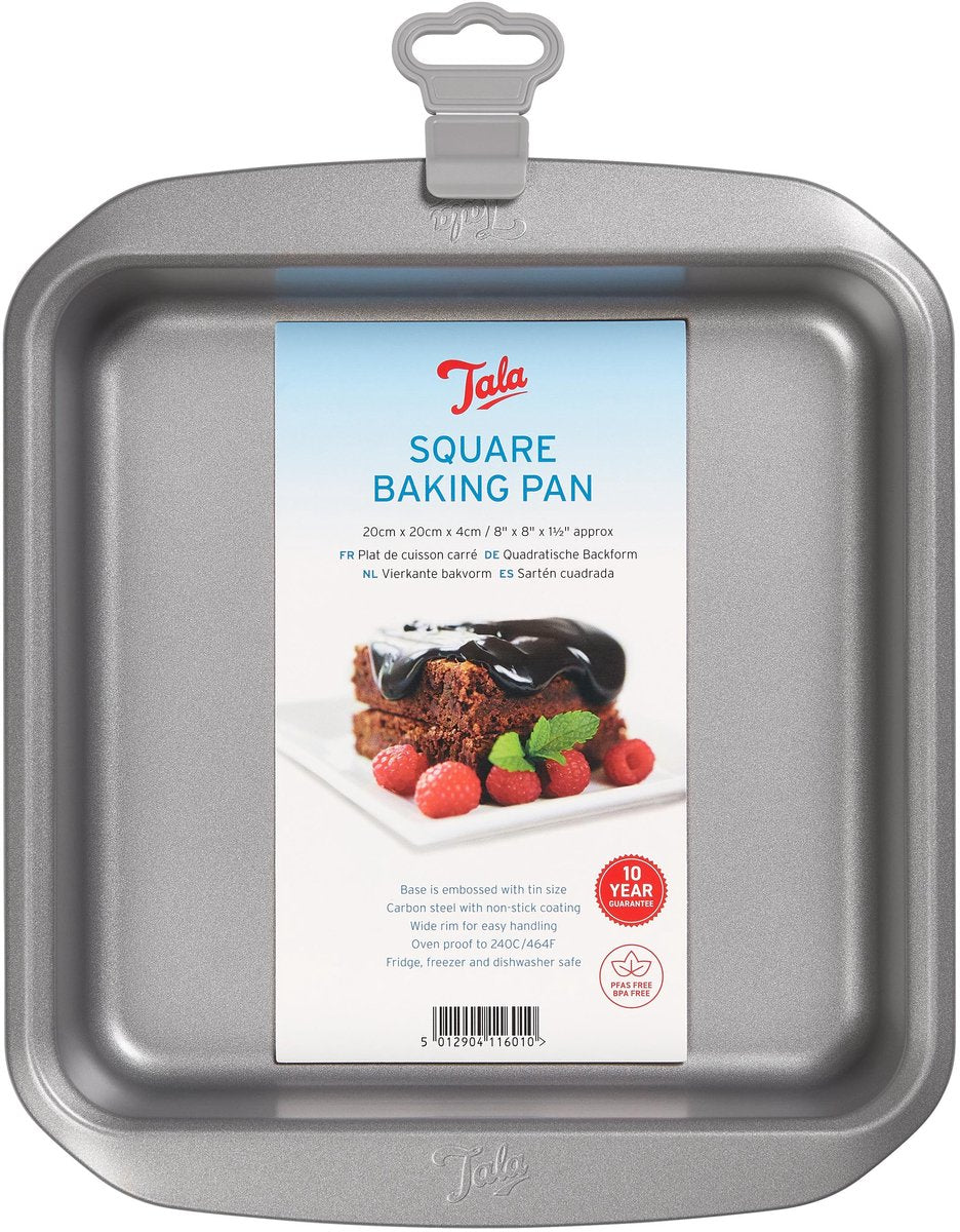 Tala Everyday – Quadratische Backform – 20 x 20 cm – Kohlenstoffstahl – mit Antihaftbeschichtung – breite Griffe stapelbar – für Brownies, Kuchenlasagne – Außengröße 25 x 25 cm