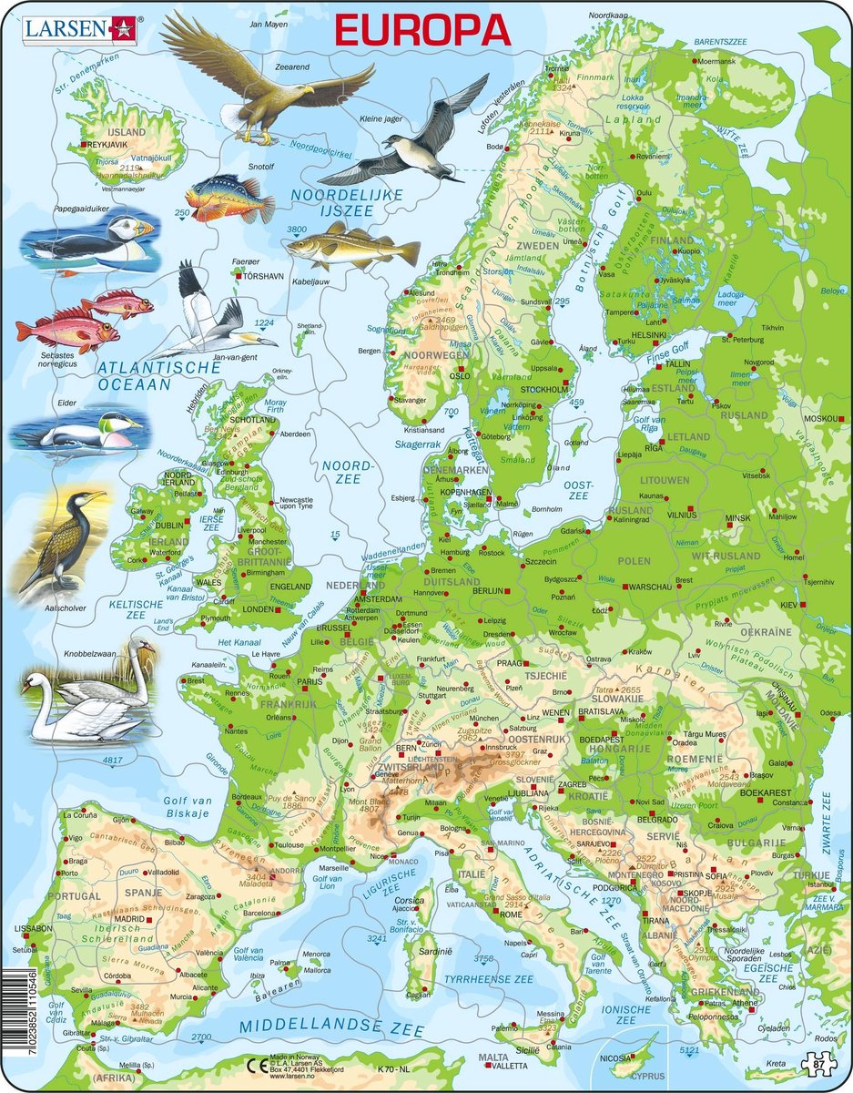 Selecta Larsen Puzzle-Karte Europa – geografisch mit Tieren, 87 Teile.