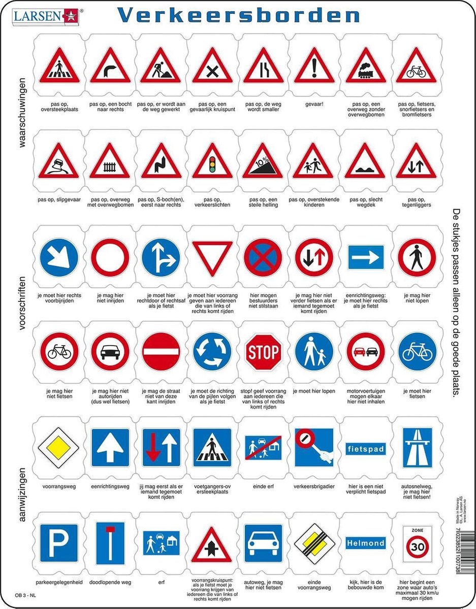 Larsen Verkehrszeichen – Puzzle – Fahrzeugtechnik – Verkehr – Lernpuzzle für Kinder – 48 Teile – hergestellt in Norwegen – extra dicke 2,5 mm Teile – Tablett mit festem Rand