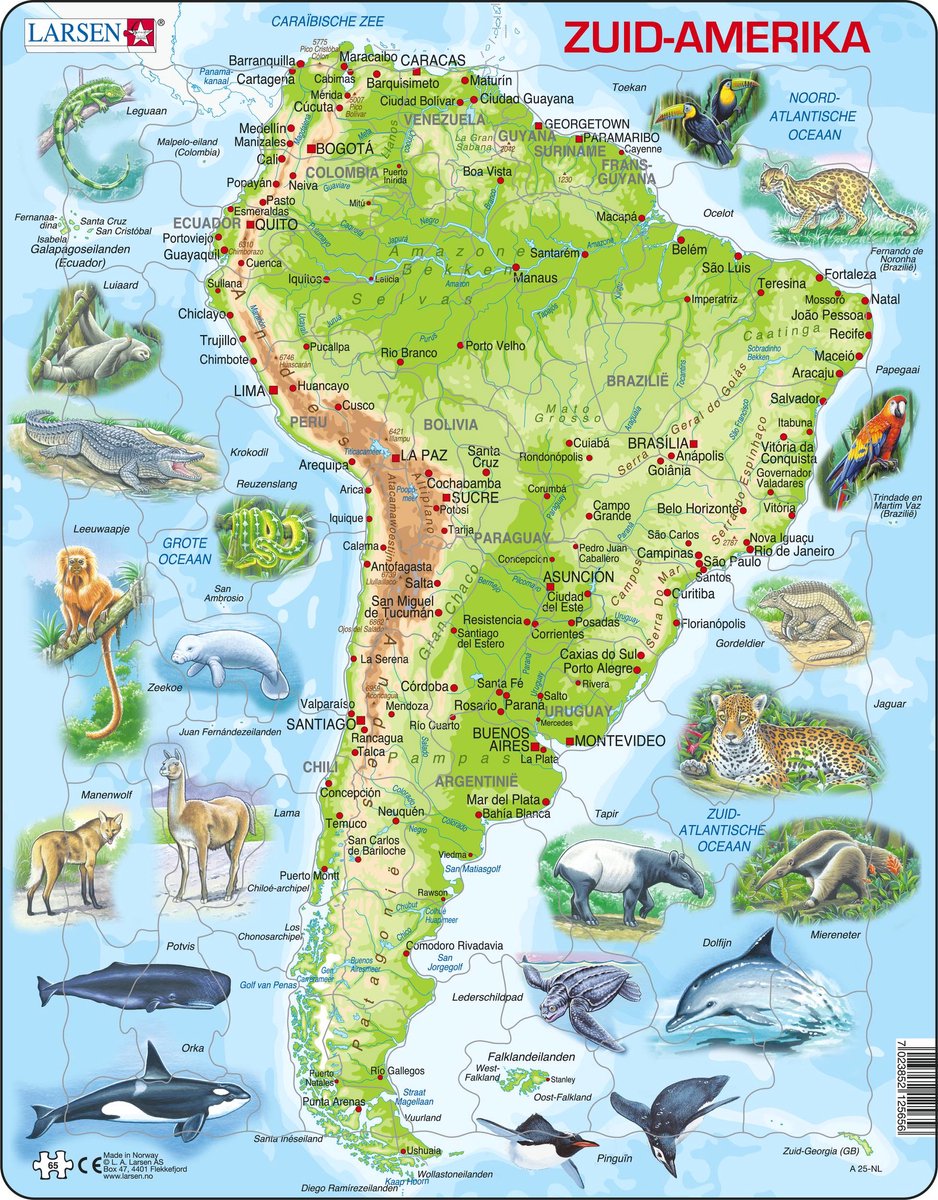 Selecta Larsen Puzzlekarte Süden, Amerika geografisch mit Tieren, 65 Teile.