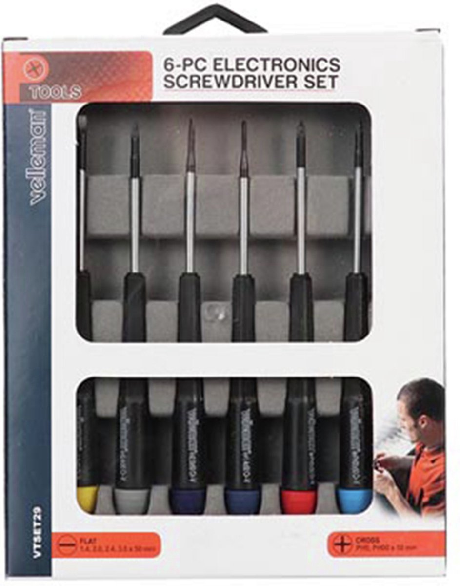 Velleman Präzisions-Schraubendreher-Set, 6-teilig, Schlitz-Phillips, Chrom-Vanadium, magnetisch, schwarz