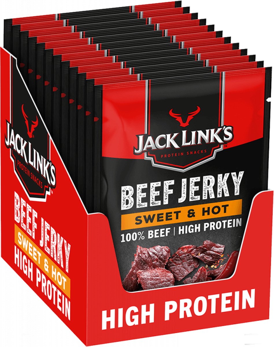Jack Link's Sweet Hot Beef Jerky – proteinreich – 100 % Rindfleisch – proteinreich – idealer Protein-Snack – für zwischendurch, unterwegs oder vor dem Sport – 12 x 60 g