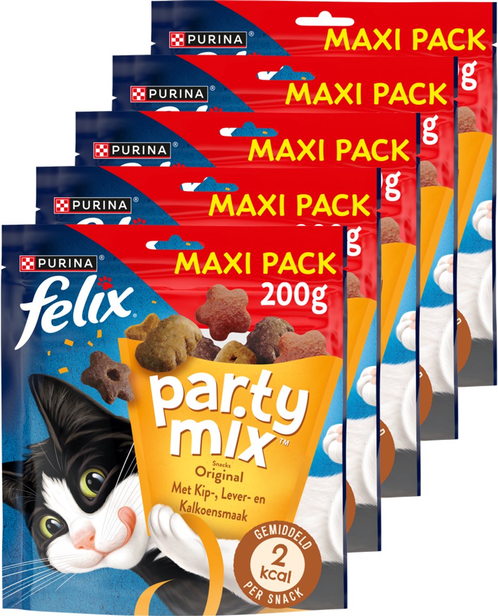 Felix Partymix Original - Katzensnacks - Katzenleckerlis - Hühner-Truthahn-Leber - 5 x 200 g