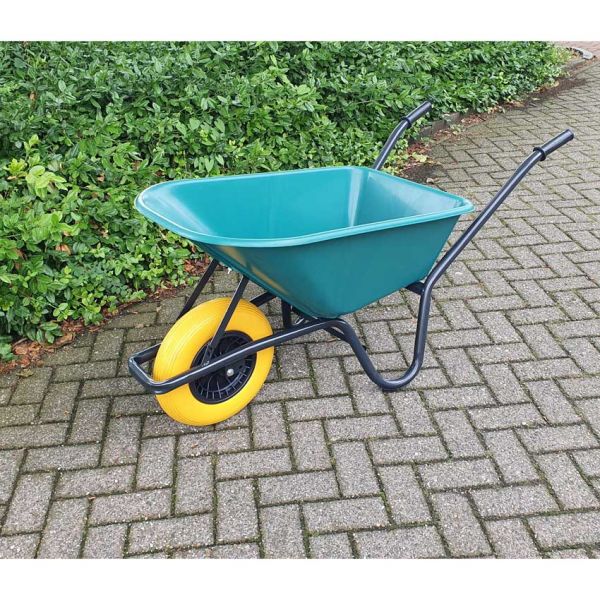 Schubkarre, grüner Kunststoffbehälter, 85 Liter, HQ, auslaufsicher