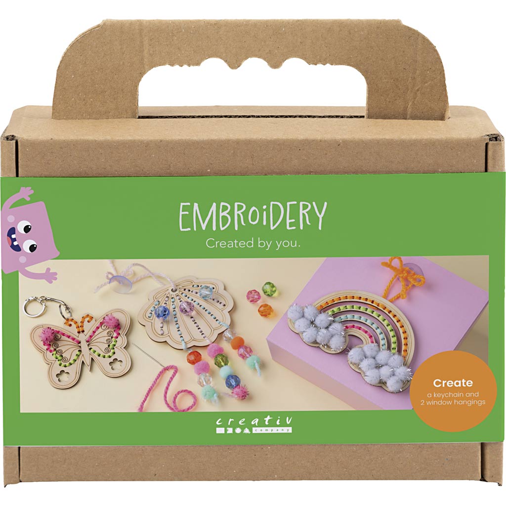Creativ Company Mini-Hobby-Set Stickerei, Schmetterling, Muschel, Regenbogen, verschiedene Farben, 1 Box