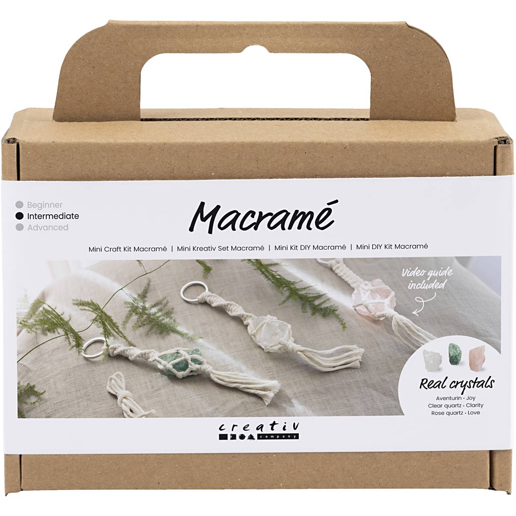 Creativ Company Mini-Hobby-Set Makramee, Schlüsselanhänger, matt transparent, staubiges Grün, zartes Rosa, helles Natur, 1 Box