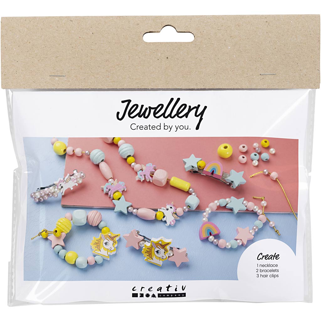Creativ Company Mini-Hobby-Set Schmuck, Halskette, Armbänder, Ohrringe, Hellblau, Hellrot, Gelb, 1 Box