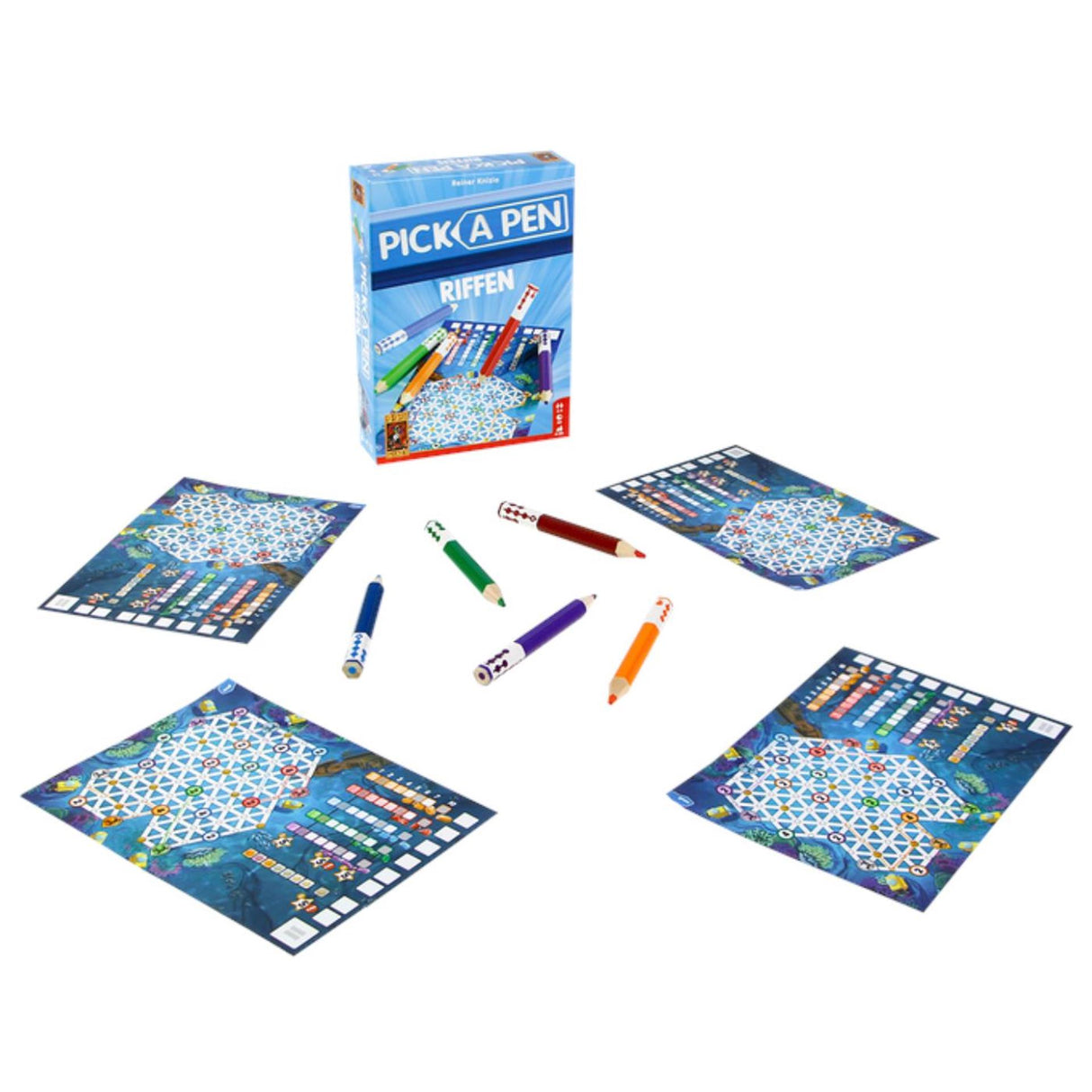 999games 999 Spiele – Wähle einen Stift – Riffing – Würfelspiel – Würfel mit Bleistiften – Wertungsbögen mit 3 verschiedenen Levels – Brettspiel – Familienspiel – kleines Geschenk – enthält Spielregeln in NL und EN