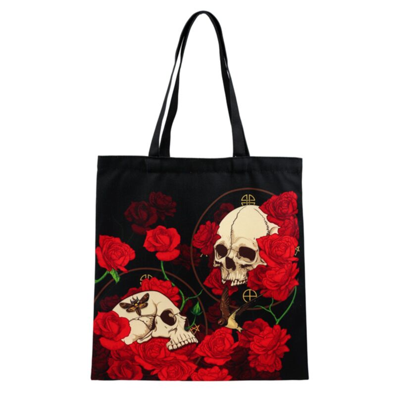 Schulter-Einkaufstasche mit Totenkopf-Rosen-Motiv