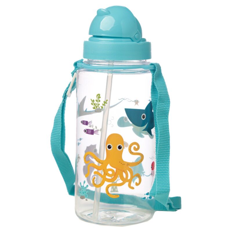 Meerestiere, nachhaltige, BPA-freie 450-ml-Wasserflasche für Kinder mit Strohhalm