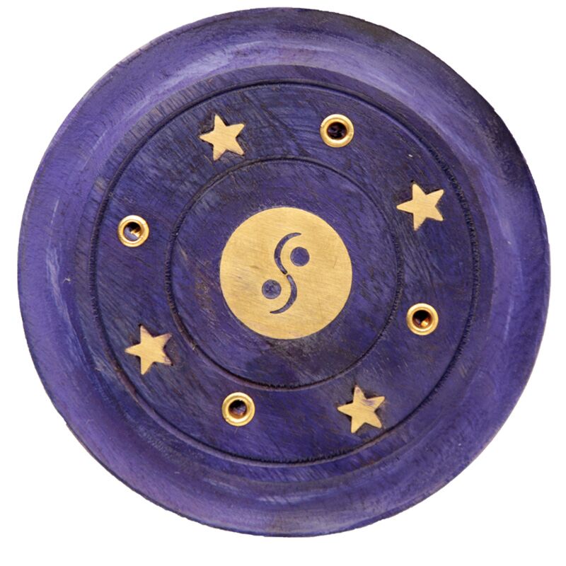 Runder Yin-Yang-Räucherstäbchenhalter aus Mangoholz in Lila