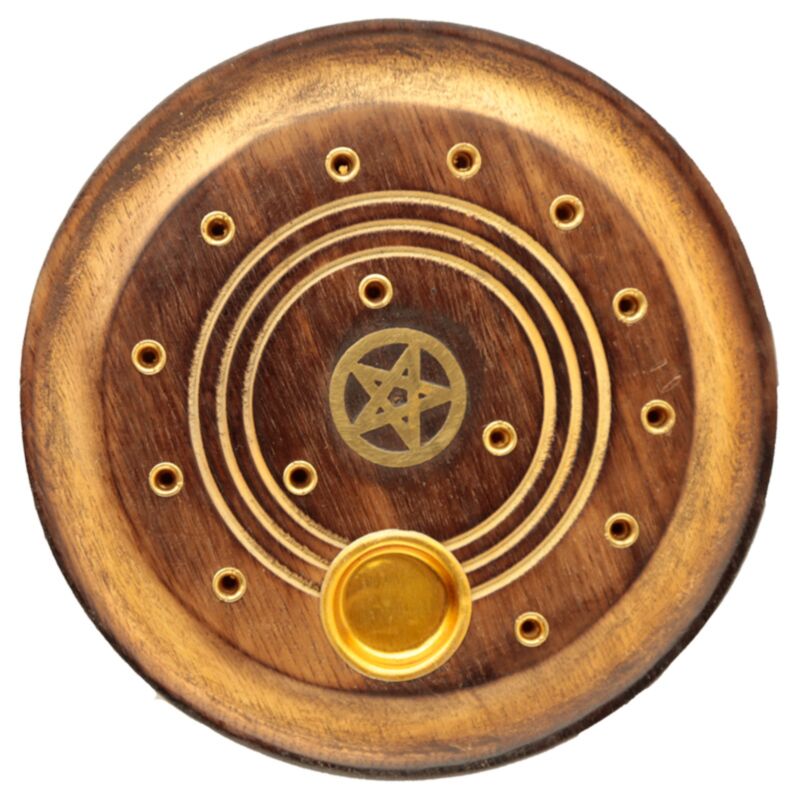 Runder Räucherstäbchenhalter mit Pentagramm aus Mangoholz