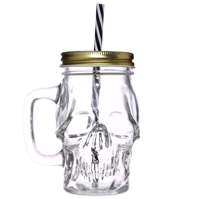 Totenkopfförmiger Einmachglas-Trinkbecher aus Glas mit Strohhalm und Deckel