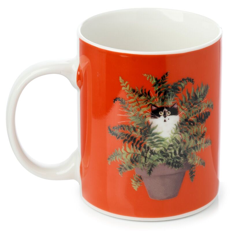 Kim Haskins Katze im Blumentopf, rote Porzellantasse