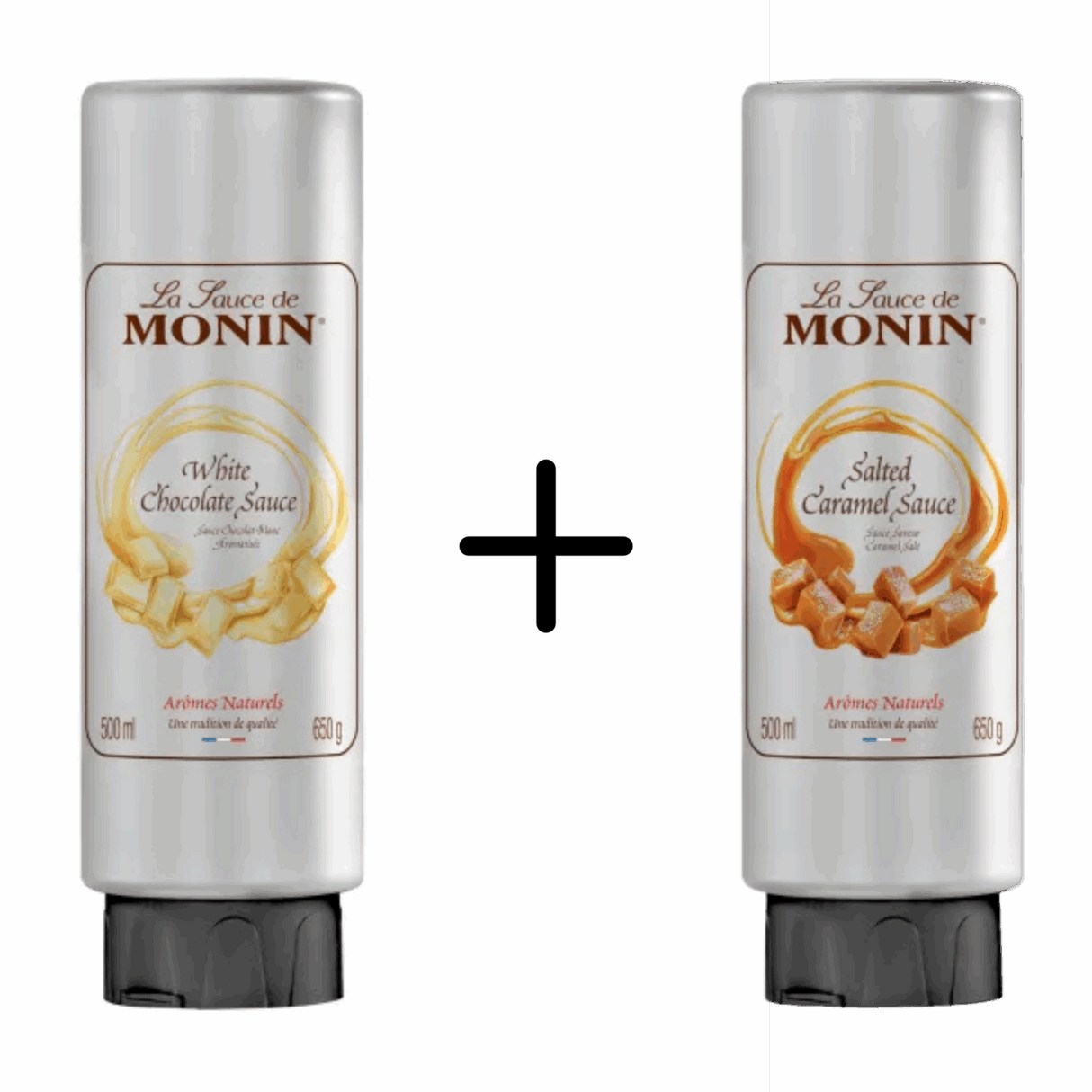 Monin-Topping aus weißer Schokolade + Topping aus gesalzenem Karamell