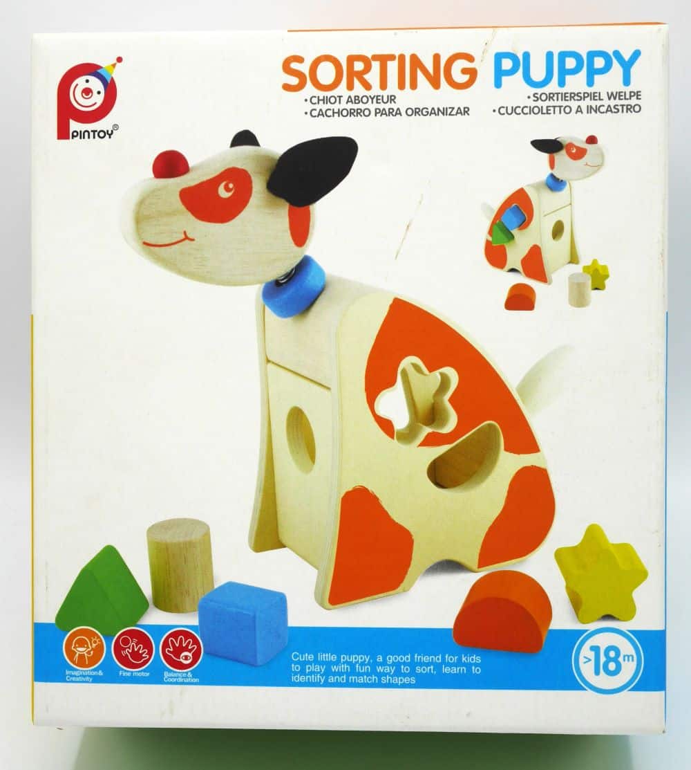 Holzformpuzzle Welpe mit 5 verschiedenen Blöcken.