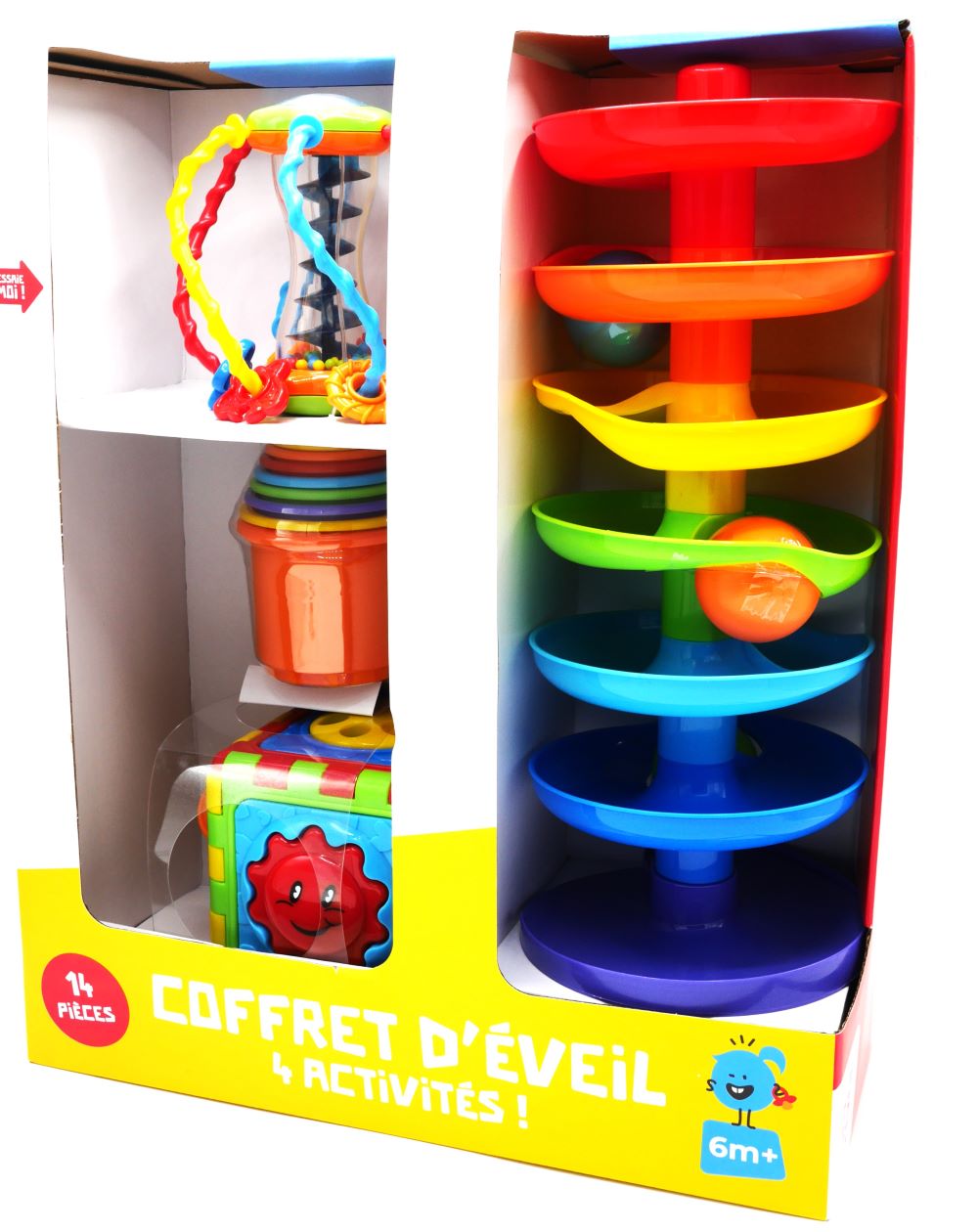 4-teiliges Baby-Geschenkset mit Kugelturm, Stapelbechern, Perlenrahmen und Spielwürfel.