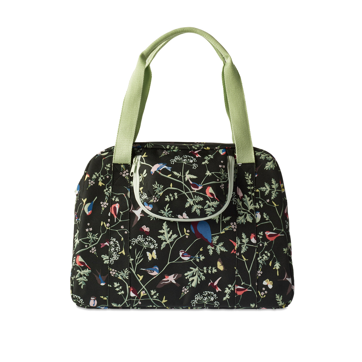Basilikumwehrlust Carry All Bag - Schwarze Fahrradhandtasche mit farbenfrohen Vogeldruck