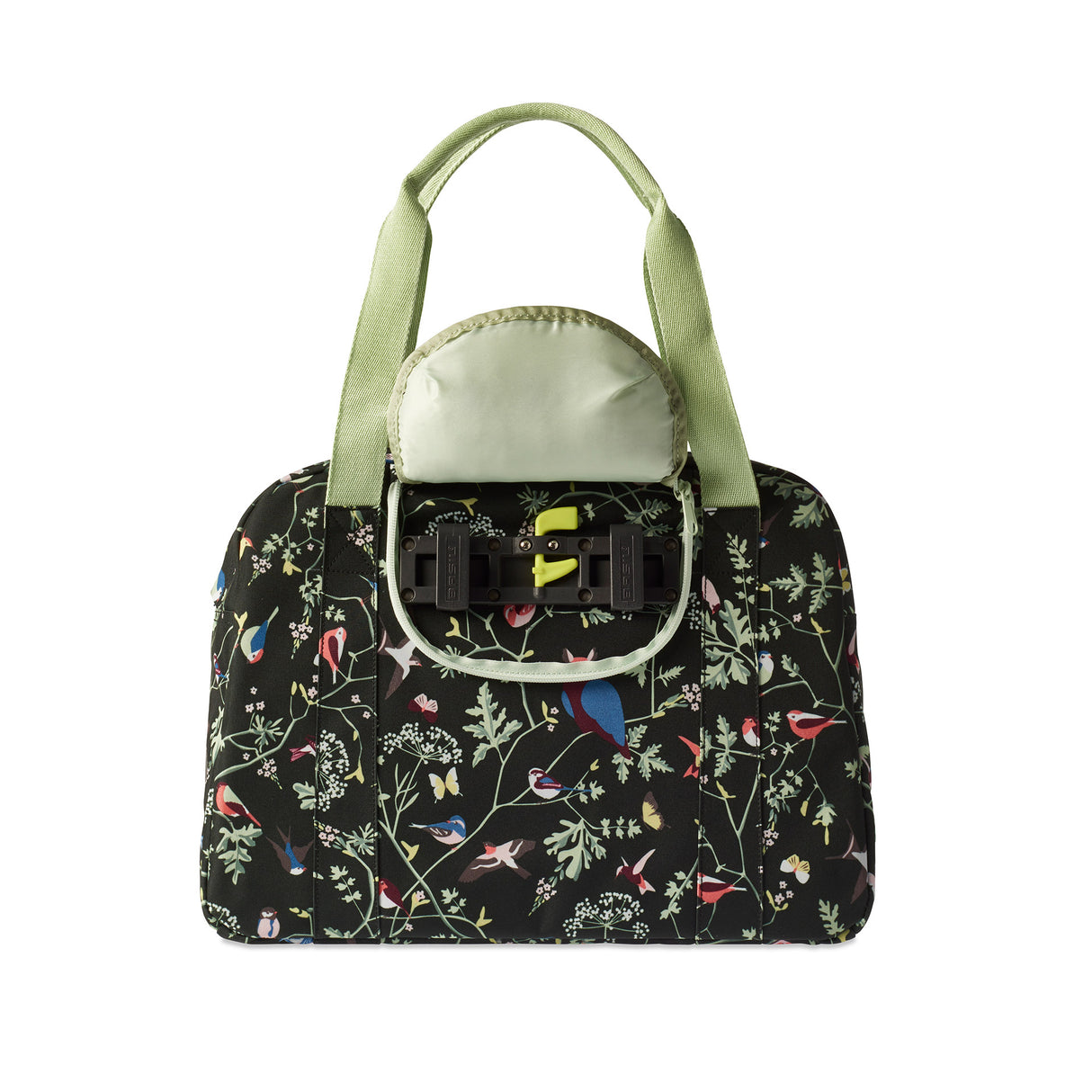 Basilikumwehrlust Carry All Bag - Schwarze Fahrradhandtasche mit farbenfrohen Vogeldruck