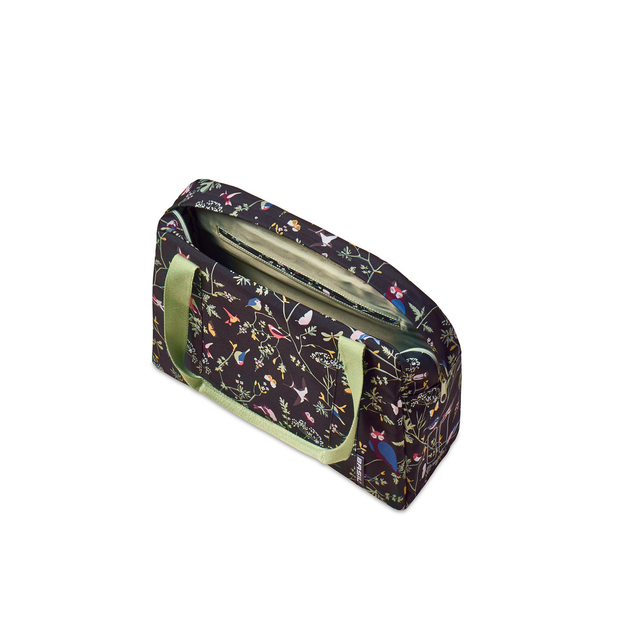 Basilikumwehrlust Carry All Bag - Schwarze Fahrradhandtasche mit farbenfrohen Vogeldruck
