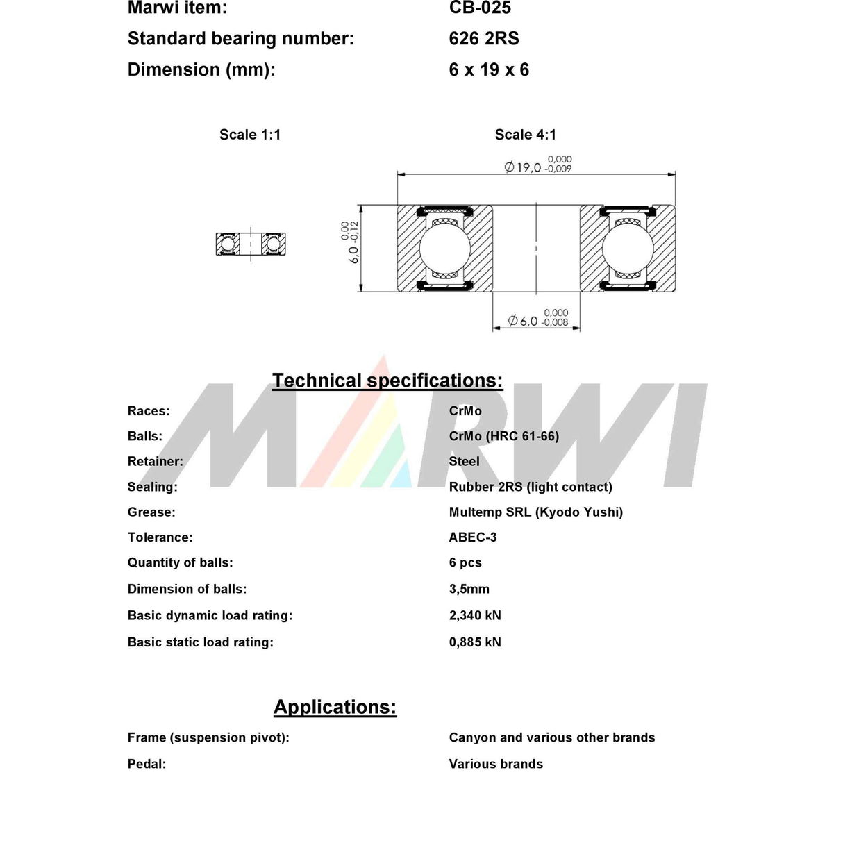 Marwi Union Kugellager CB-025 626 2rs - 6x19x6