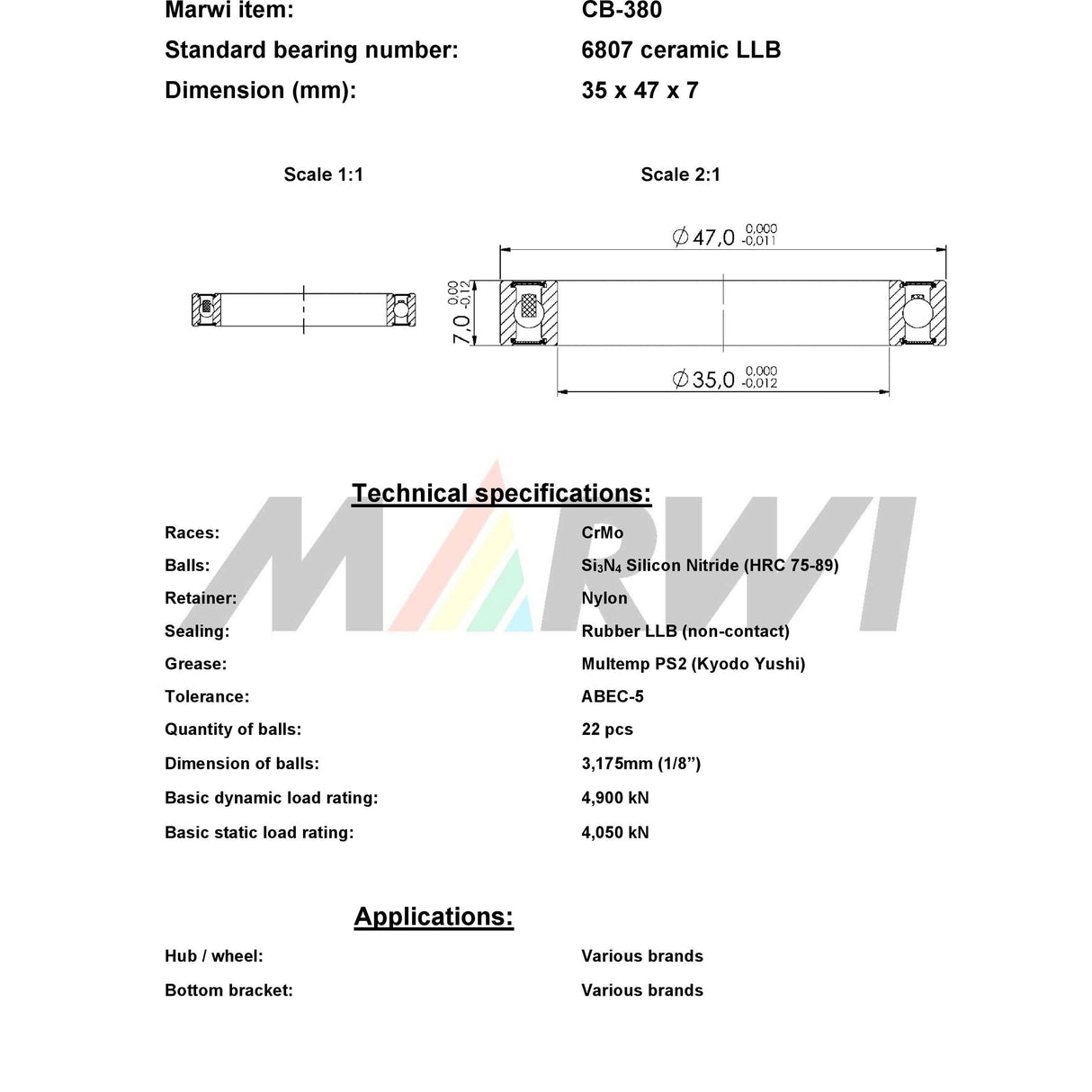 Marwi Union Kugellager CB-380 6807 LLB 35x47x7 Keramik