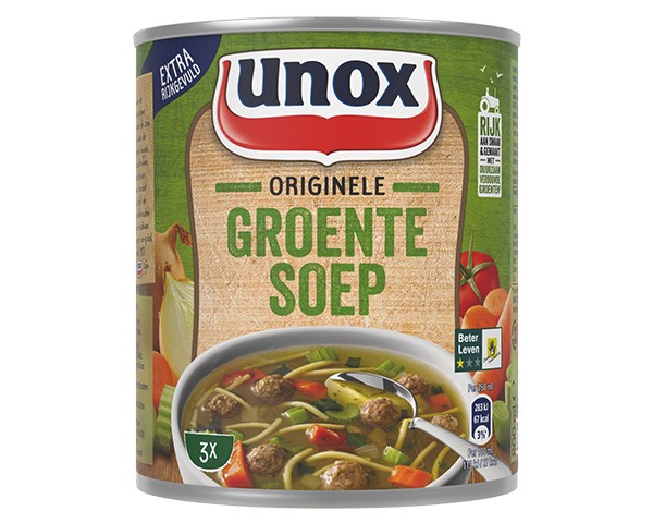 Unox-Dosensuppe – Original-Gemüsesuppe – hergestellt aus Suppenbällchen, Fadennudeln und verschiedenen Gemüsesorten – 6 x 800 ml