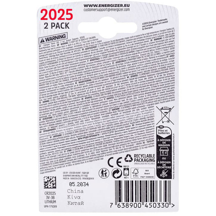 Enerdis Energizer Batterie Lithium 3V CR2025 Blister (2 Stück)