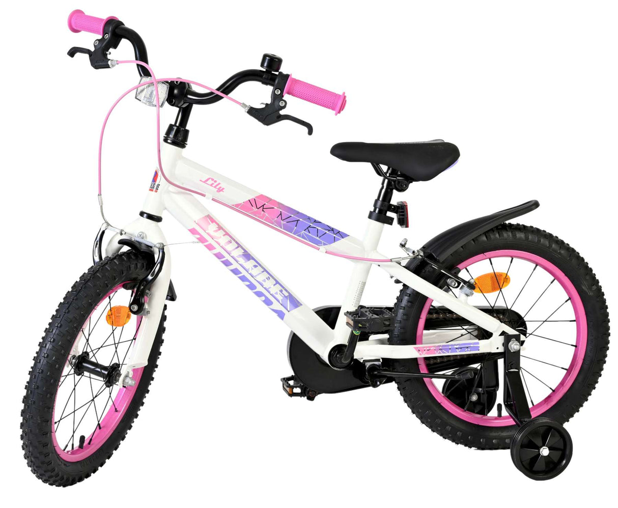Volare Lily Kinderfahrrad – Mädchen – 16 Zoll – Weiß Rosa Lila – Zwei Handbremsen