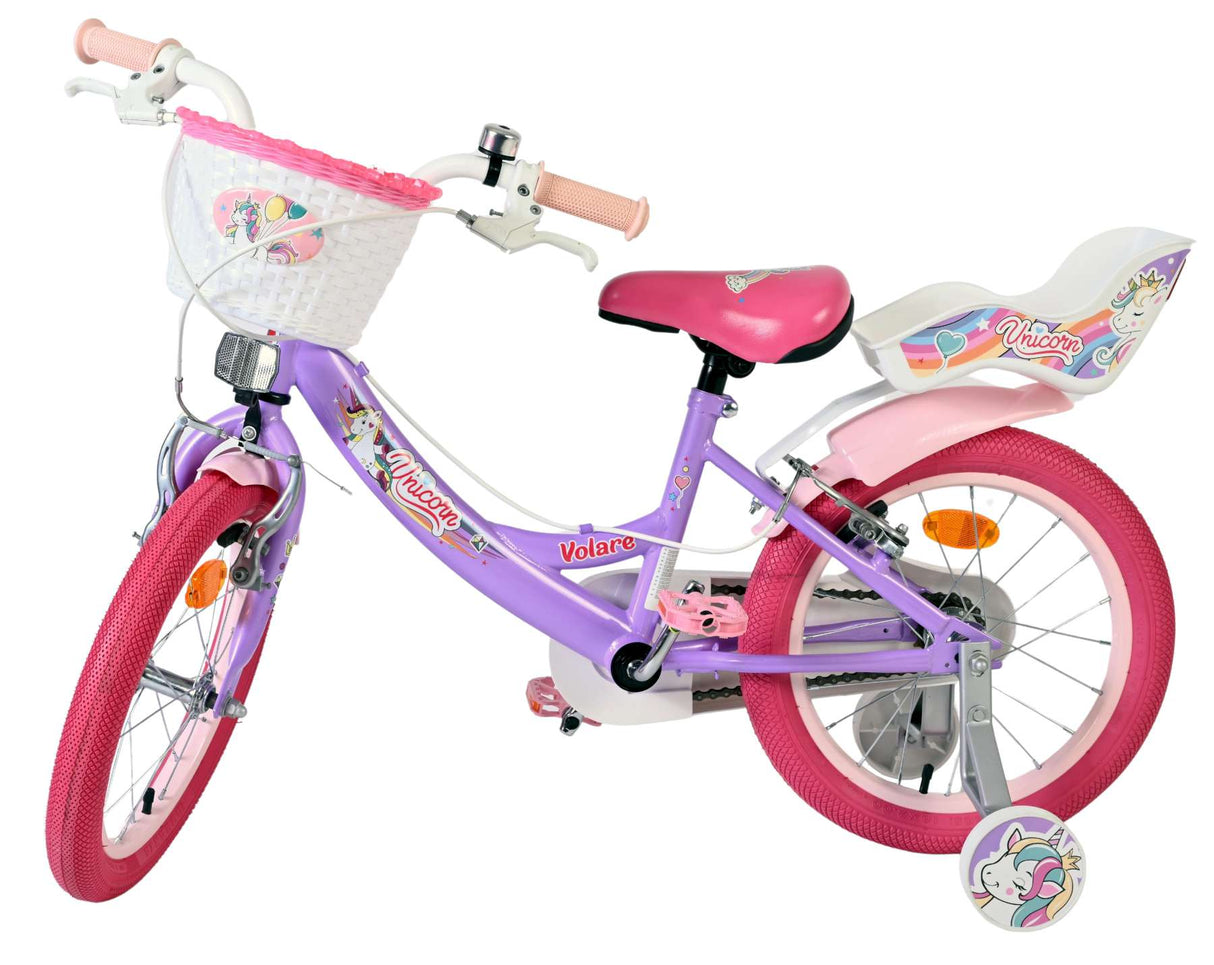 Volare Einhorn Kinderfahrrad – Mädchen – 16 Zoll – Lila – zwei Handbremsen