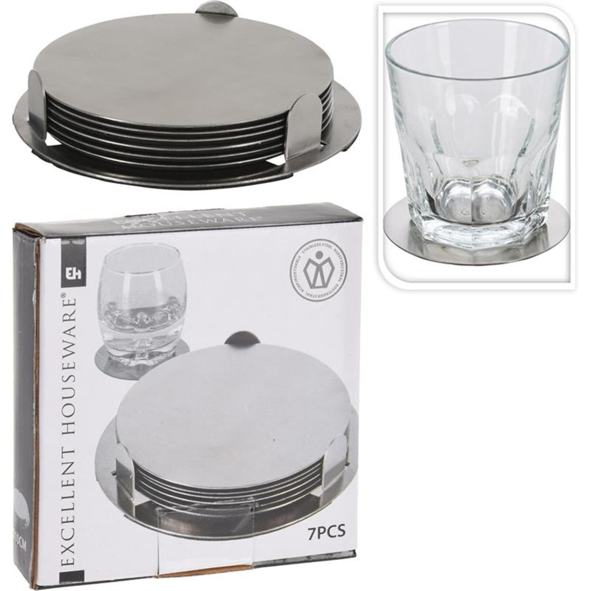 Excellent houseware onderzetters rvs 8,5 cm set a 6 stuks in houder